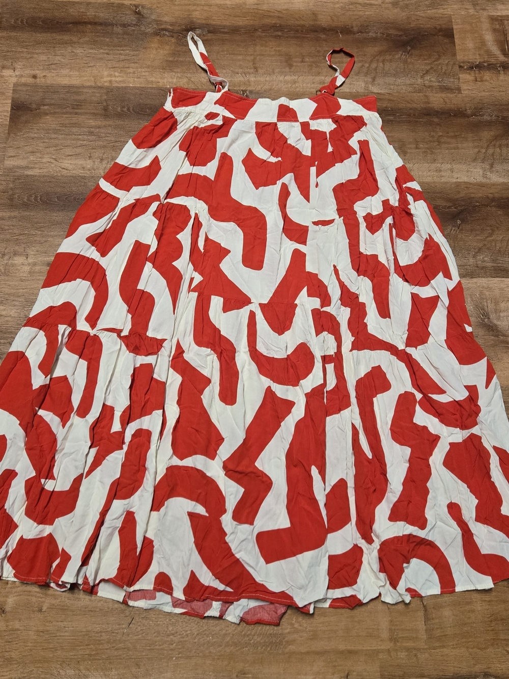 Abel The Label Red & White Abstract Midi Dress with Spaghetti Straps Extra Large
